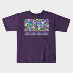 Beautiful Pansy Flowers Violet Viola Tricolor Floral Pattern. Watercolor Hand Drawn Decoration. Spring colorful pansies in bloom garden flowers. Kids T-Shirt